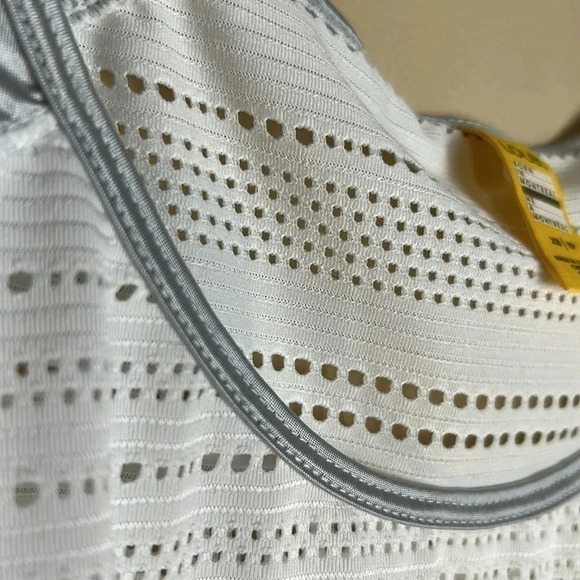 LOLE vtg oversize white sheer eyelet t shirt,silver trim,PTP 20” ,raglan,XS,S,M - Picture 11 of 15